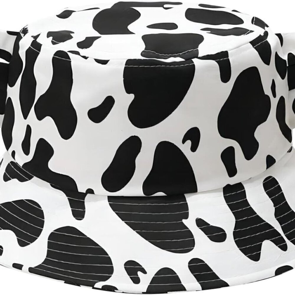 Cow Print Bucket Hat with Horn Ears Summer Sun Shield Unisex Beach Cap